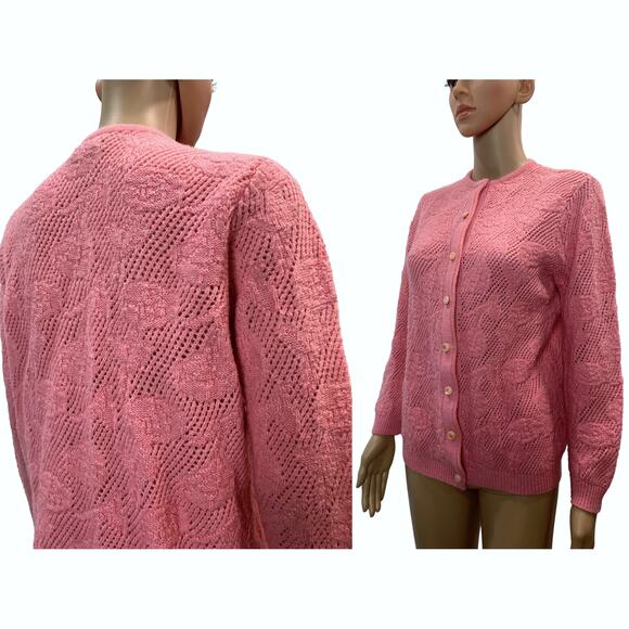 70s Granny Cardigan Pink/Salmon Open Knit Floral Sweater | S - Picture 9 of 12